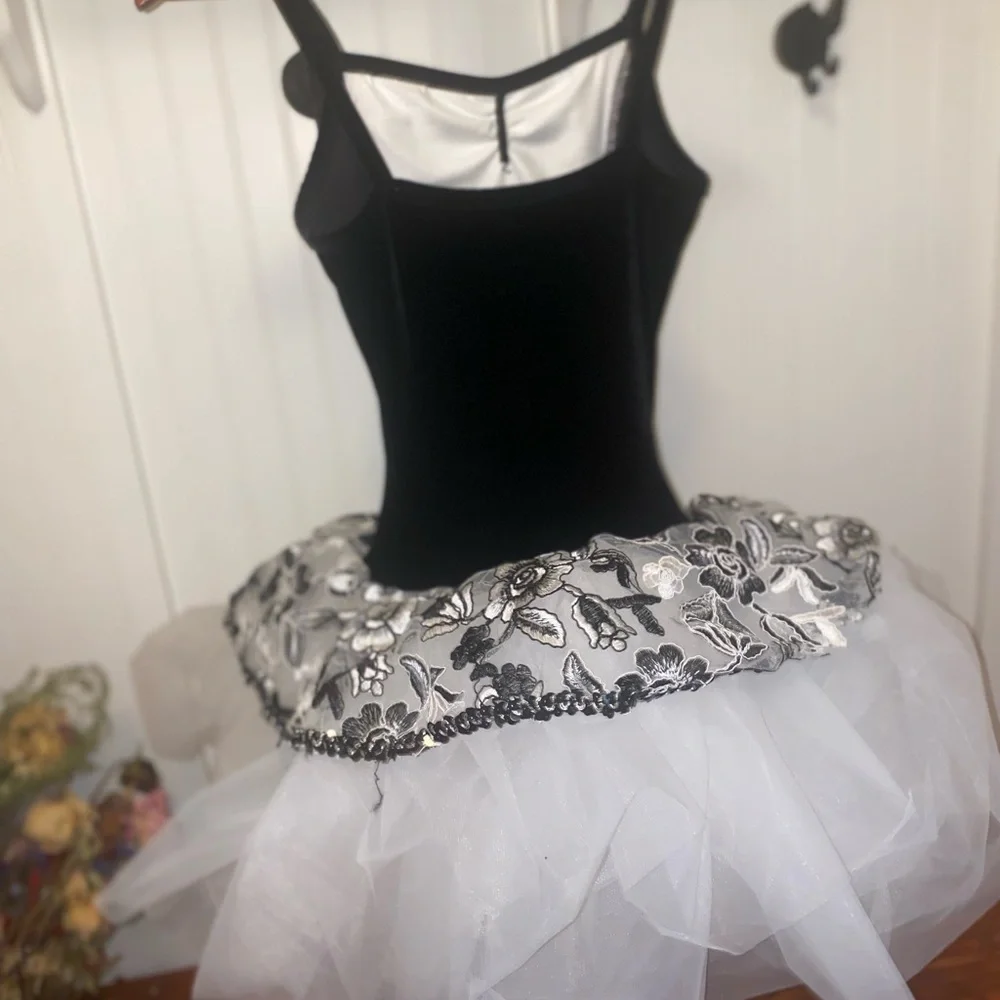 Black & White Floral Tulle Dance Costume for Kids